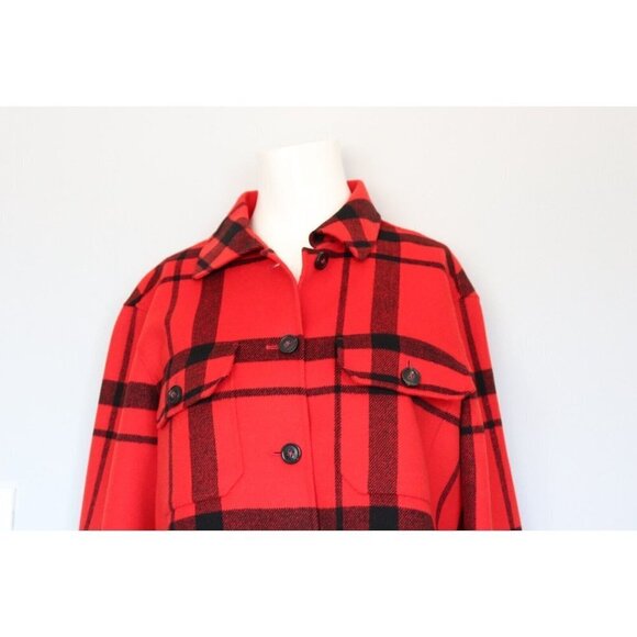 Weekend Max Mara Women's Medium Red Jacket Plaid Front Pocket Button Down Fleece - Picture 3 of 9